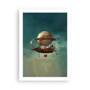 Póster - Un fantástico dirigible flotando entre las estrellas. - 50x70cm - Julio Verne saluda - Decoración de pared moderna para salón y dormitorio ARTTOR