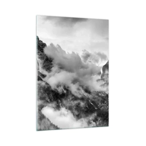 Cuadro sobre vidrio - Impresiones sobre Vidrio - Montañas en blanco y negro con niebla en los valles. - 50x70cm - Hermoso y cruel - Decoración de pared moderna para salón y dormitorio ARTTOR
