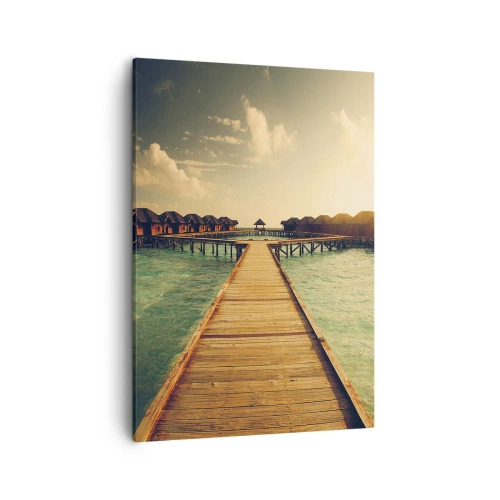 Cuadro sobre lienzo - Impresión de Imagen - Un embarcadero de madera que conduce a las casas sobre el agua, iluminadas por los rayos del sol. - 50x70cm - Una cálida invitación - Decoración de pared moderna para salón y dormitorio ARTTOR