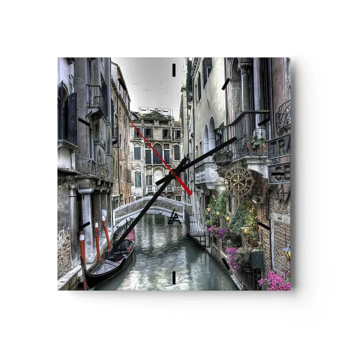 Reloj de pared - Reloj de vidrio - Canal veneciano con góndola y puente de piedra - 30x30cm - Durante siglos, un sueño - Decoración de pared moderna para salón y dormitorio ARTTOR