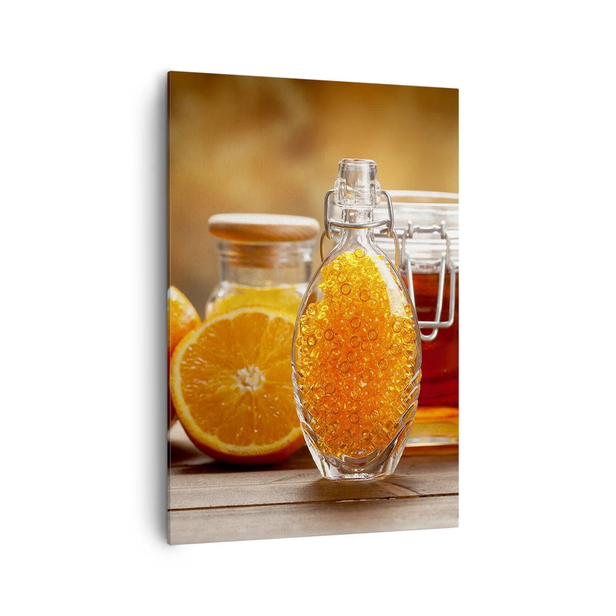 Cuadro sobre lienzo - Impresión de Imagen - Una botella de líquido ámbar y naranjas frescas. - 70x100cm - Sabores y aromas soleados - Decoración de pared moderna para salón y dormitorio ARTTOR
