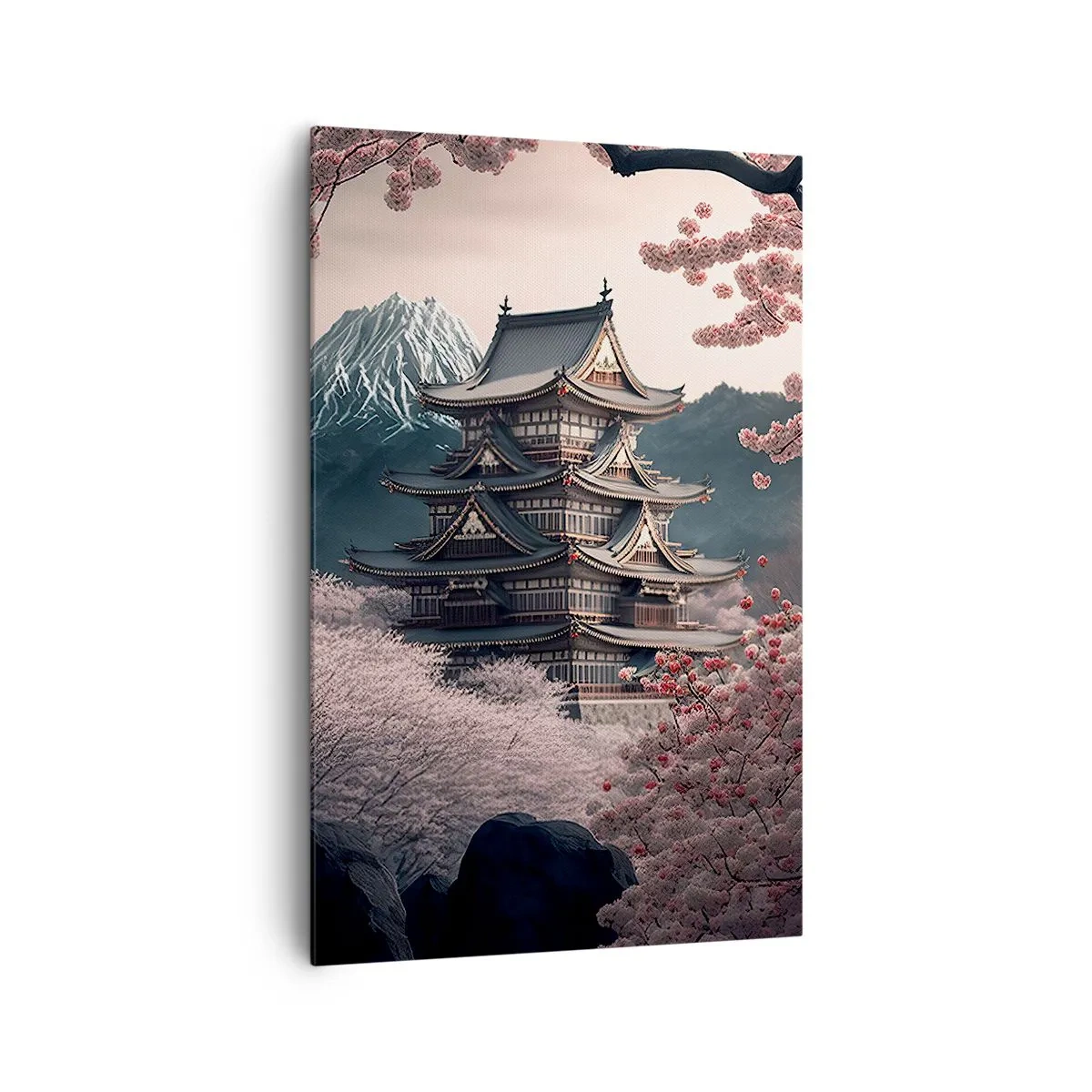 Cuadro sobre lienzo - Impresión de Imagen - Un templo japonés rodeado de flores de cerezo y montañas. - 80x120cm - Tierra de cerezos en flor - Decoración de pared moderna para salón y dormitorio ARTTOR