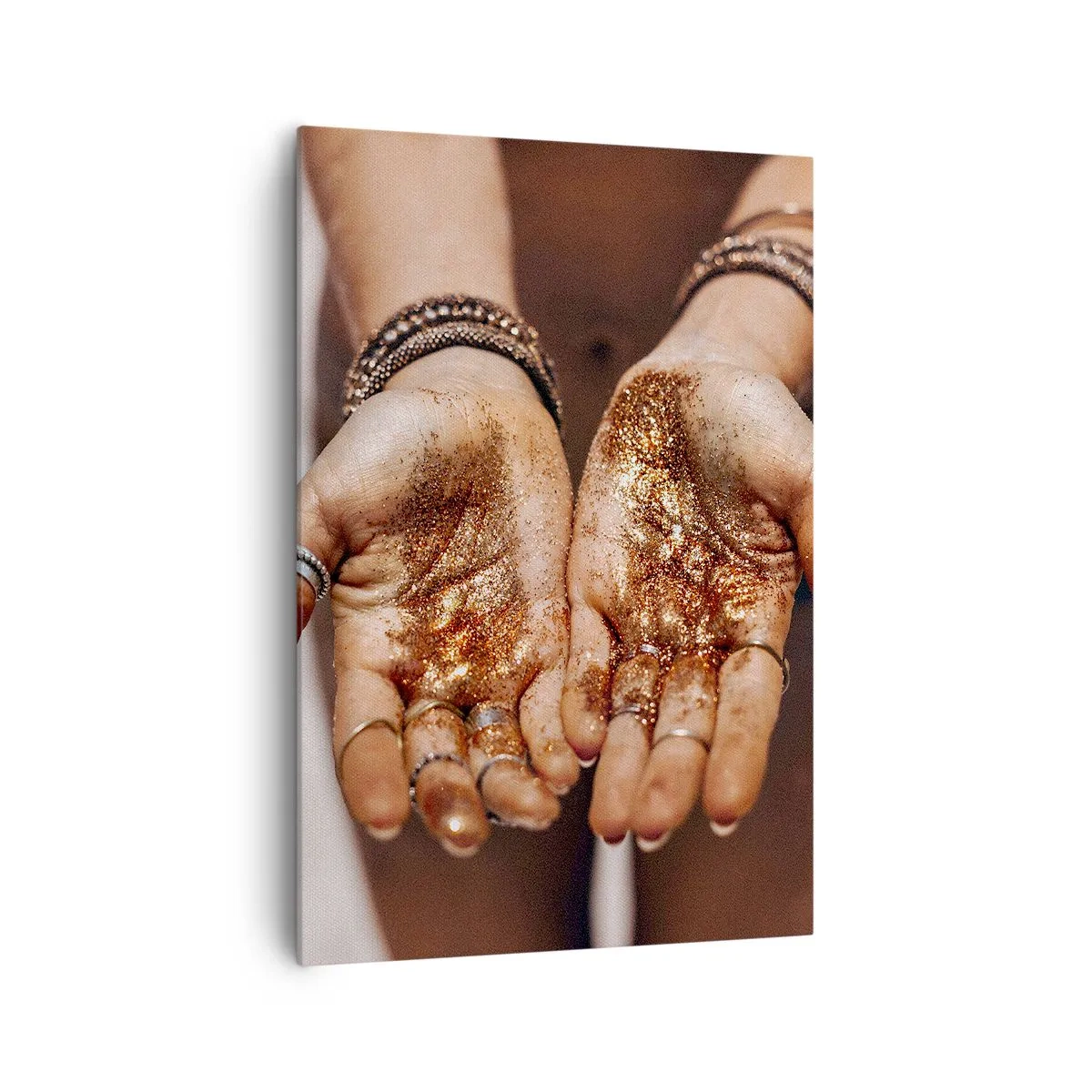 Cuadro sobre lienzo - Impresión de Imagen - Primer plano de manos con purpurina en tonos cálidos. - 70x100cm - Un regalo para ti - Decoración de pared moderna para salón y dormitorio ARTTOR
