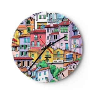 Reloj de pared - Reloj de vidrio - Casas de vecindad coloridas en un estilo ilustrativo - 30x30cm - Ciudad alegre - Decoración de pared moderna para salón, cocina y dormitorio ARTTOR