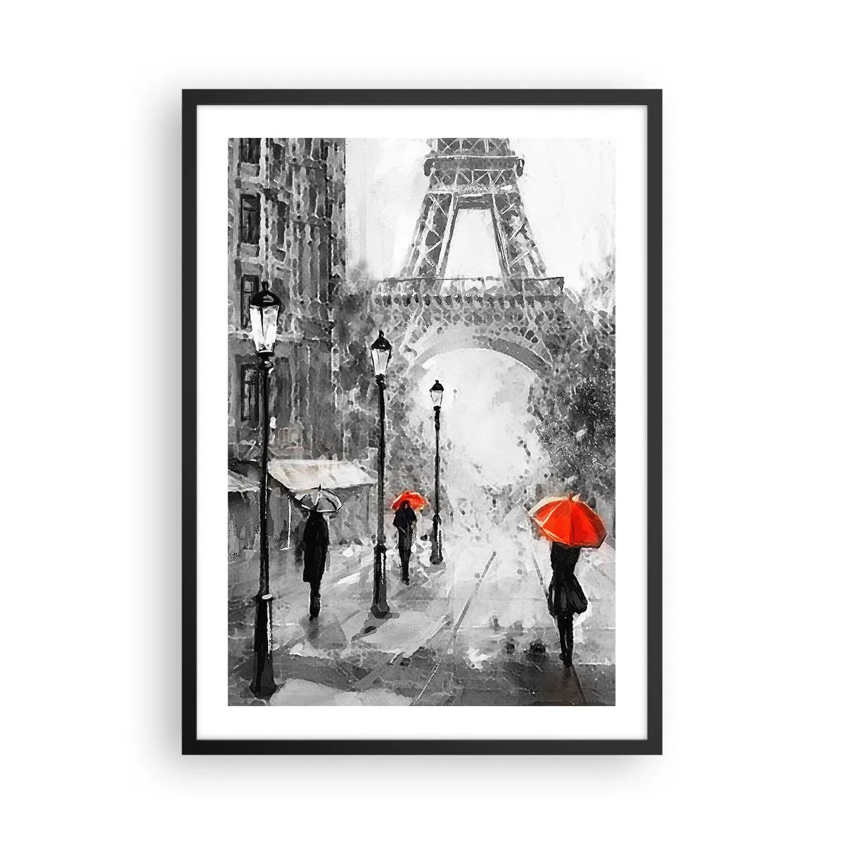 Póster en marco negro - Torre Eiffel en blanco y negro con paraguas rojos bajo la lluvia - 50x70cm - Todos los caminos conducen a ella - Decoración de pared moderna para salón y dormitorio ARTTOR