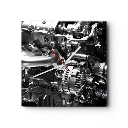 Reloj de pared - Reloj de vidrio - Primer plano de piezas metálicas del motor sobre un fondo negro - 30x30cm - Acero, hermoso, fuerte - Decoración de pared moderna para salón y dormitorio ARTTOR