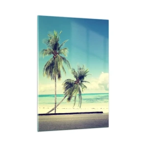 Cuadro sobre vidrio - Impresiones sobre Vidrio - Una camioneta rosa con una tabla de surf frente a una playa tropical. - 80x120cm - Comienzan las vacaciones - Decoración de pared moderna para salón y dormitorio ARTTOR