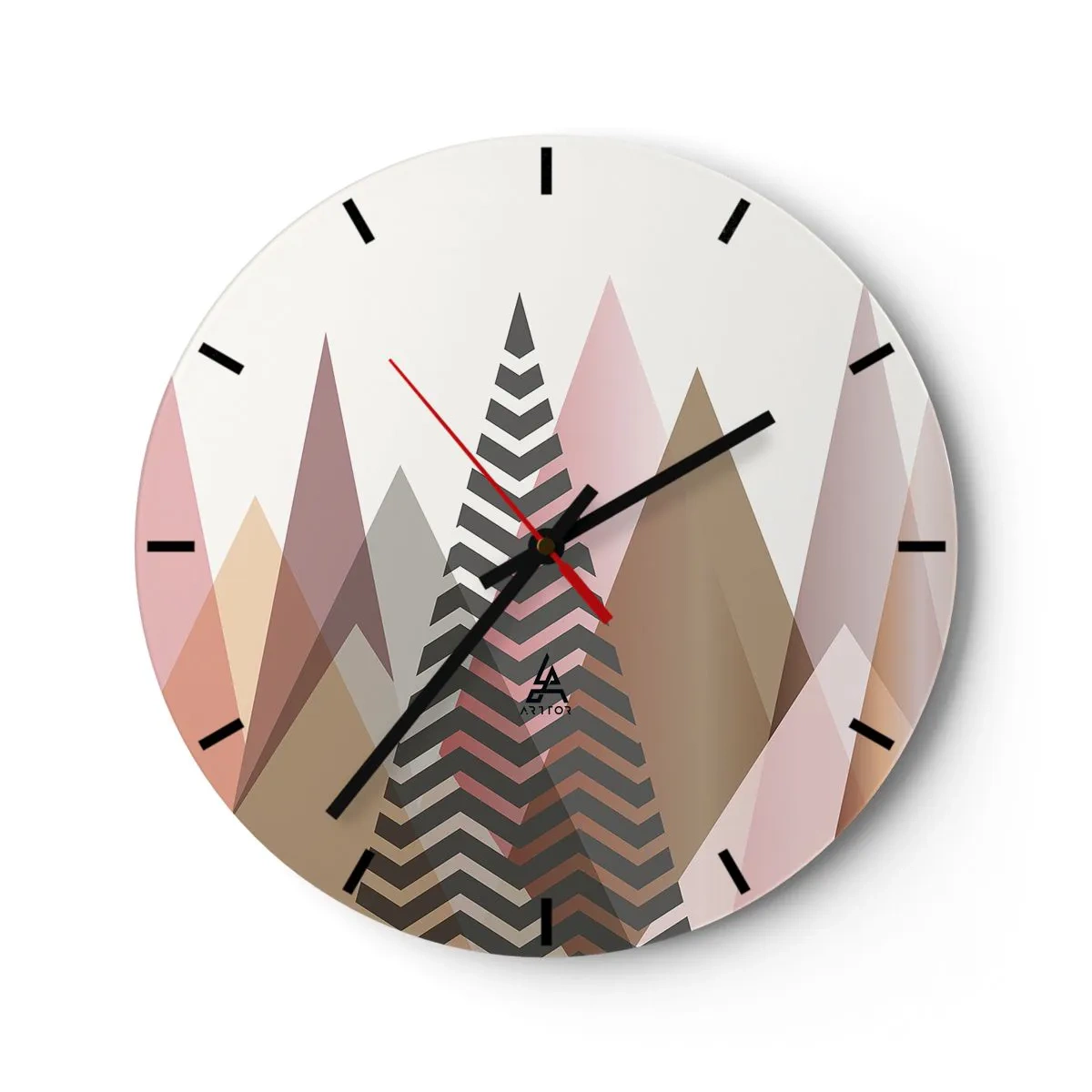 Reloj de pared - Reloj de vidrio - Montañas y árboles geométricos en tonos pastel. - 30x30cm - Una visión piramidal - Decoración de pared moderna para salón, cocina y dormitorio ARTTOR