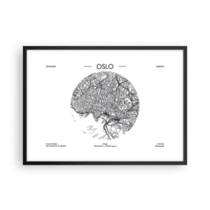 Póster en marco negro - Un mapa de Oslo en un estilo minimalista en blanco y negro. - 70x50cm - Anatomía de Oslo - Decoración de pared moderna para salón y dormitorio ARTTOR