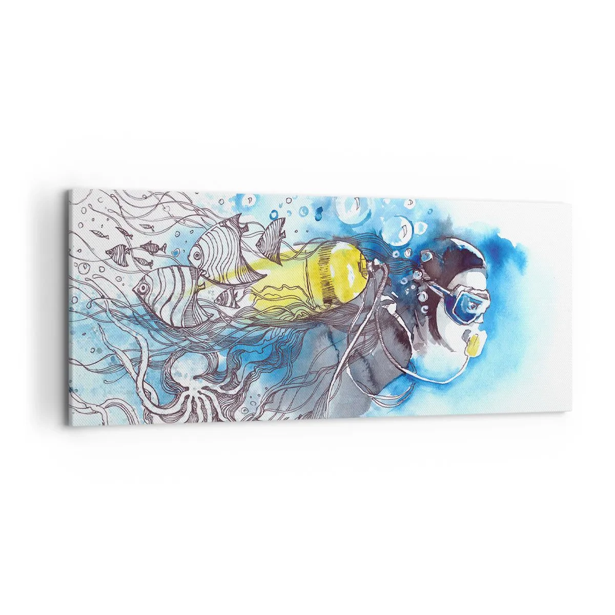 Cuadro sobre lienzo - Impresión de Imagen - Escena submarina con un buceador y peces exóticos. - 120x50cm - Sumergirse en lo desconocido - Decoración de pared moderna para salón y dormitorio ARTTOR