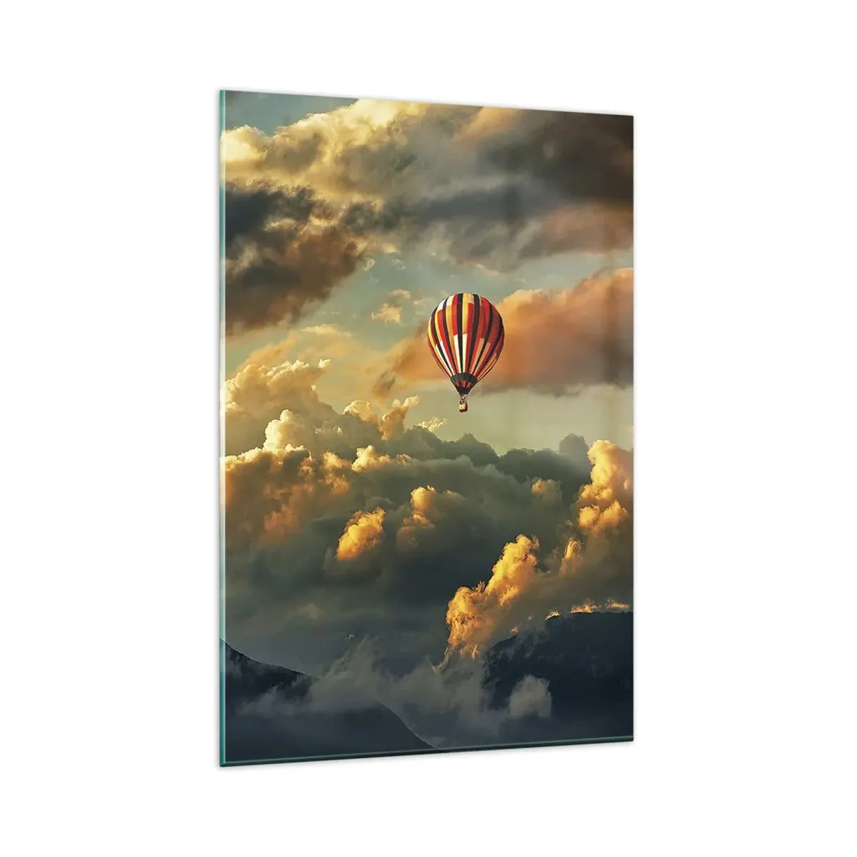 Cuadro sobre vidrio - Impresiones sobre Vidrio - Un globo contra un fondo de nubes dramáticas. - 80x120cm - Vuelo porque quiero - Decoración de pared moderna para salón y dormitorio ARTTOR