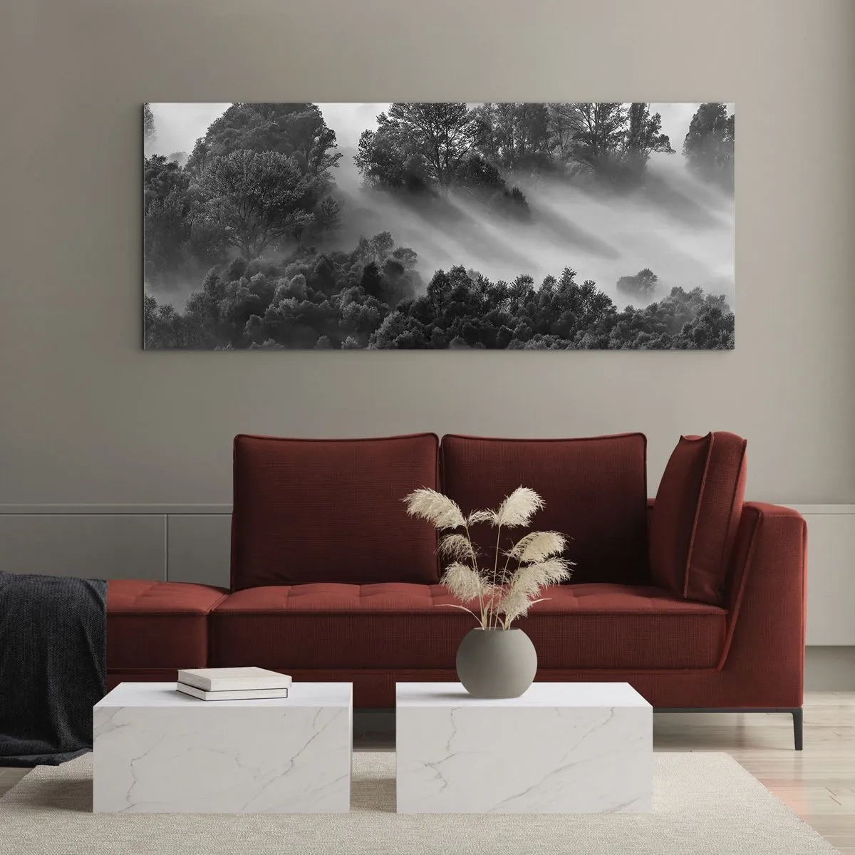 Cuadro sobre vidrio - Impresiones sobre Vidrio - Paisaje forestal en blanco y negro en la niebla matutina - 140x50cm - Levantarse del sueño - Decoración de pared moderna para salón y dormitorio ARTTOR
