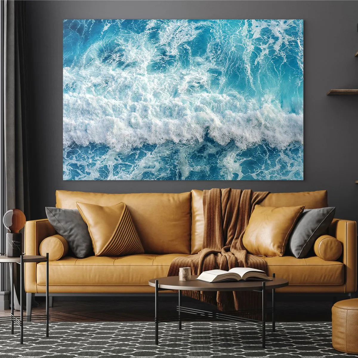 Cuadro sobre vidrio - Impresiones sobre Vidrio - Olas azules rompiendo en la orilla - 70x50cm - Alegre y con mucho brío - Decoración de pared moderna para salón y dormitorio ARTTOR