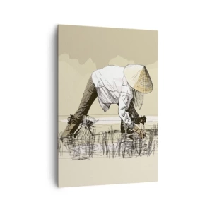 Cuadro sobre lienzo - Impresión de Imagen - Agricultores trabajando en un campo de arroz con sombreros tradicionales - 70x100cm - De una cosecha exitosa - Decoración de pared moderna para salón y dormitorio ARTTOR