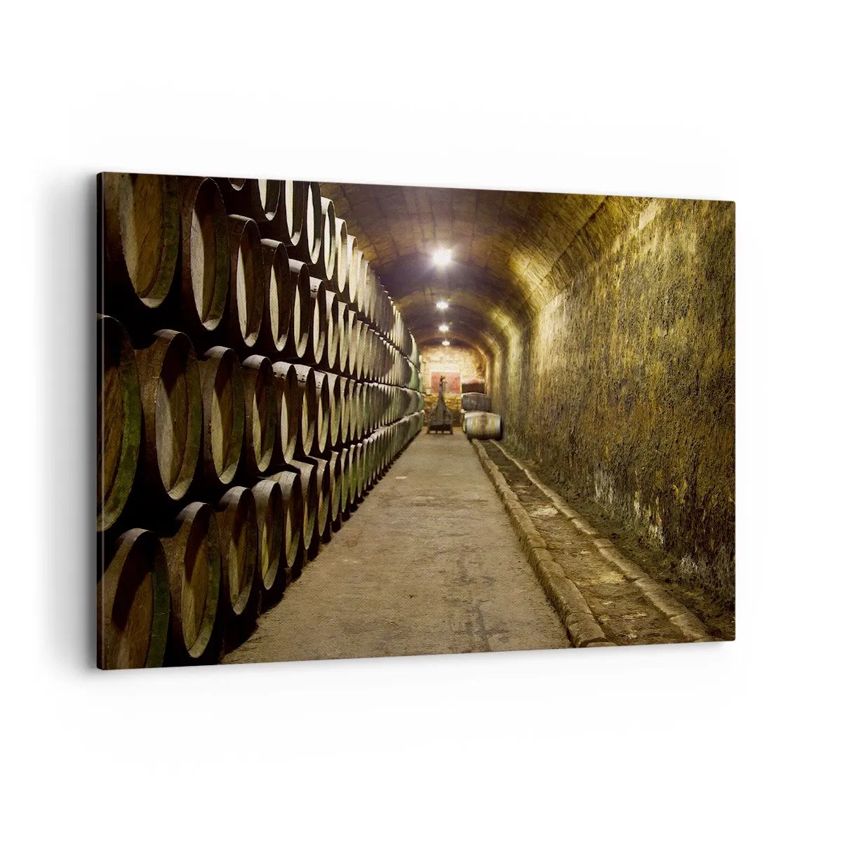 Cuadro sobre lienzo - Impresión de Imagen - Una bodega con barriles de vino de madera dispuestos en filas. - 100x70cm - El placer  - Decoración de pared moderna para salón y dormitorio ARTTOR
