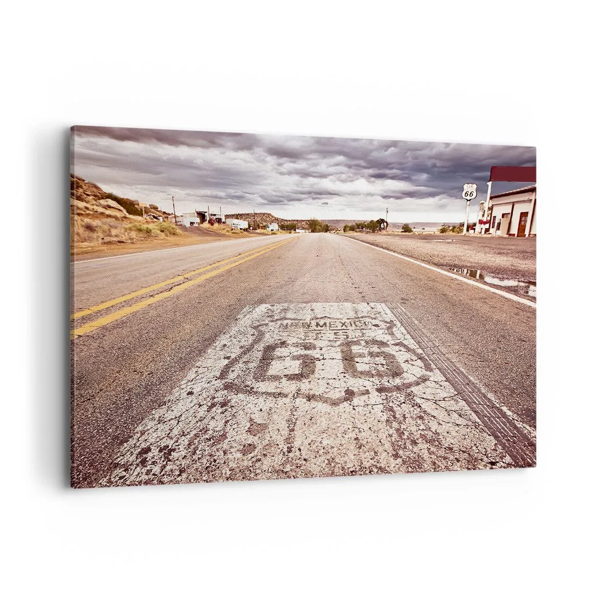 Cuadro sobre lienzo - Impresión de Imagen - Ruta 66 en un clima desértico con un cielo pintoresco - 100x70cm - Mother Road: una leyenda americana - Decoración de pared moderna para salón y dormitorio ARTTOR
