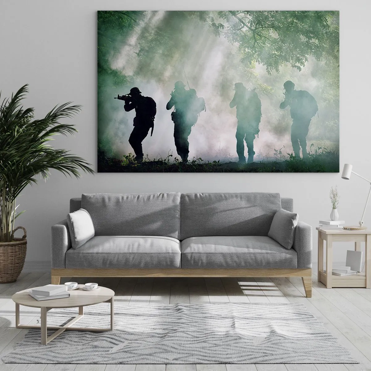 Cuadro sobre vidrio - Impresiones sobre Vidrio - Un grupo de soldados en humo, caminando por el bosque, en alerta máxima. - 100x70cm - Uno para todos... - Decoración de pared moderna para salón y dormitorio ARTTOR