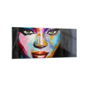 Cuadro sobre vidrio - Impresiones sobre Vidrio - Un retrato colorido de una mujer con una mirada intensa. - 120x50cm - Mirada penetrante - Decoración de pared moderna para salón y dormitorio ARTTOR