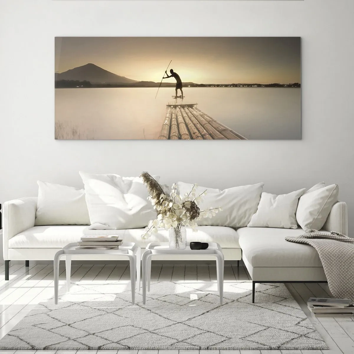 Cuadro sobre vidrio - Impresiones sobre Vidrio - Hombre en una balsa al atardecer - 120x50cm - Antes del descanso - Decoración de pared moderna para salón y dormitorio ARTTOR