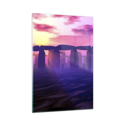 Cuadro sobre vidrio - Impresiones sobre Vidrio - Círculo de piedras al atardecer con un cielo violeta - 80x120cm - Misterio al amanecer en la niebla - Decoración de pared moderna para salón y dormitorio ARTTOR
