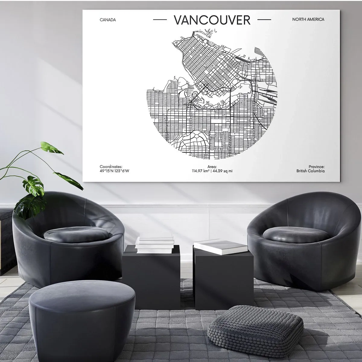 Cuadro sobre vidrio - Impresiones sobre Vidrio - Mapa callejero en blanco y negro de Vancouver - 70x50cm - Anatomía de Vancouver - Decoración de pared moderna para salón y dormitorio ARTTOR
