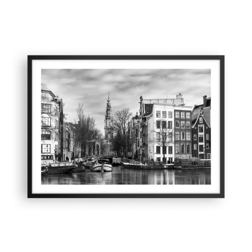 Póster en marco negro - Panorama en blanco y negro de Ámsterdam con canal y edificios históricos - 70x50cm - Ambiente de Ámsterdam - Decoración de pared moderna para salón y dormitorio ARTTOR