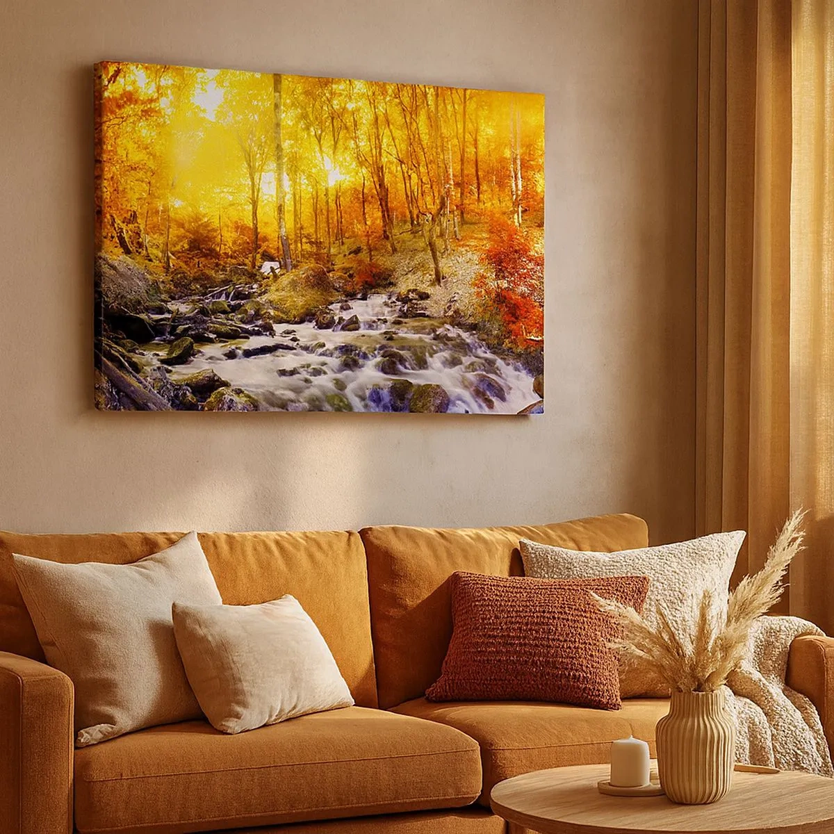 Cuadro sobre lienzo - Impresión de Imagen - Bosque otoñal con un arroyo entre hojas doradas - 70x50cm - Piedras bañadas en oro y platino - Decoración de pared moderna para salón y dormitorio ARTTOR