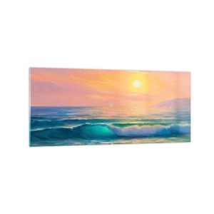 Cuadro sobre vidrio - Impresiones sobre Vidrio - Paisaje marino con puesta de sol - 120x50cm - El canto turquesa de las olas - Decoración de pared moderna para salón y dormitorio ARTTOR