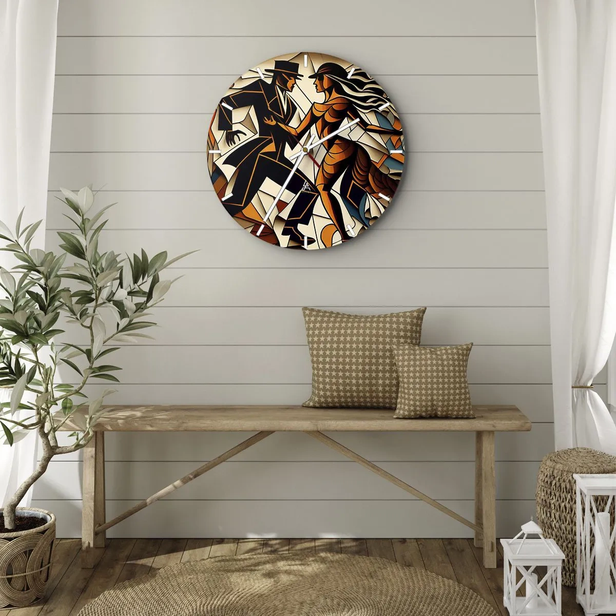 Reloj de pared - Reloj de vidrio - Una pareja bailando en estilo Art Decó con tonos cálidos. - 30x30cm - Danza de pasión - Decoración de pared moderna para salón, cocina y dormitorio ARTTOR