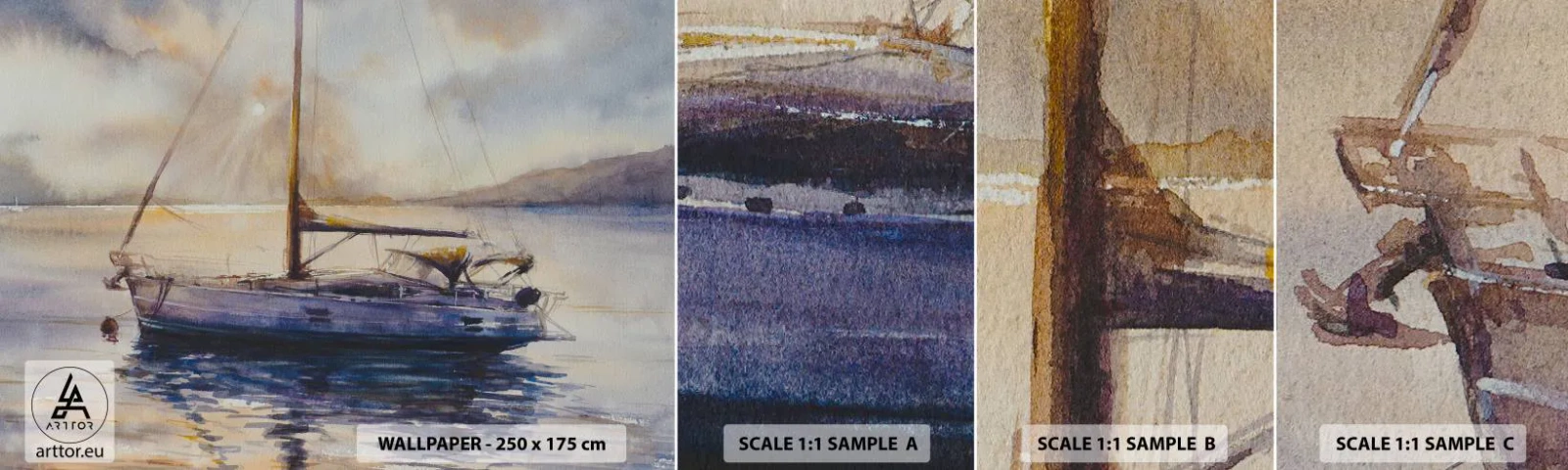 Muestra De Fotomural Standard Eco - Atardecer en la bahía - Velero, Pesca, Playa - 100x30 cm