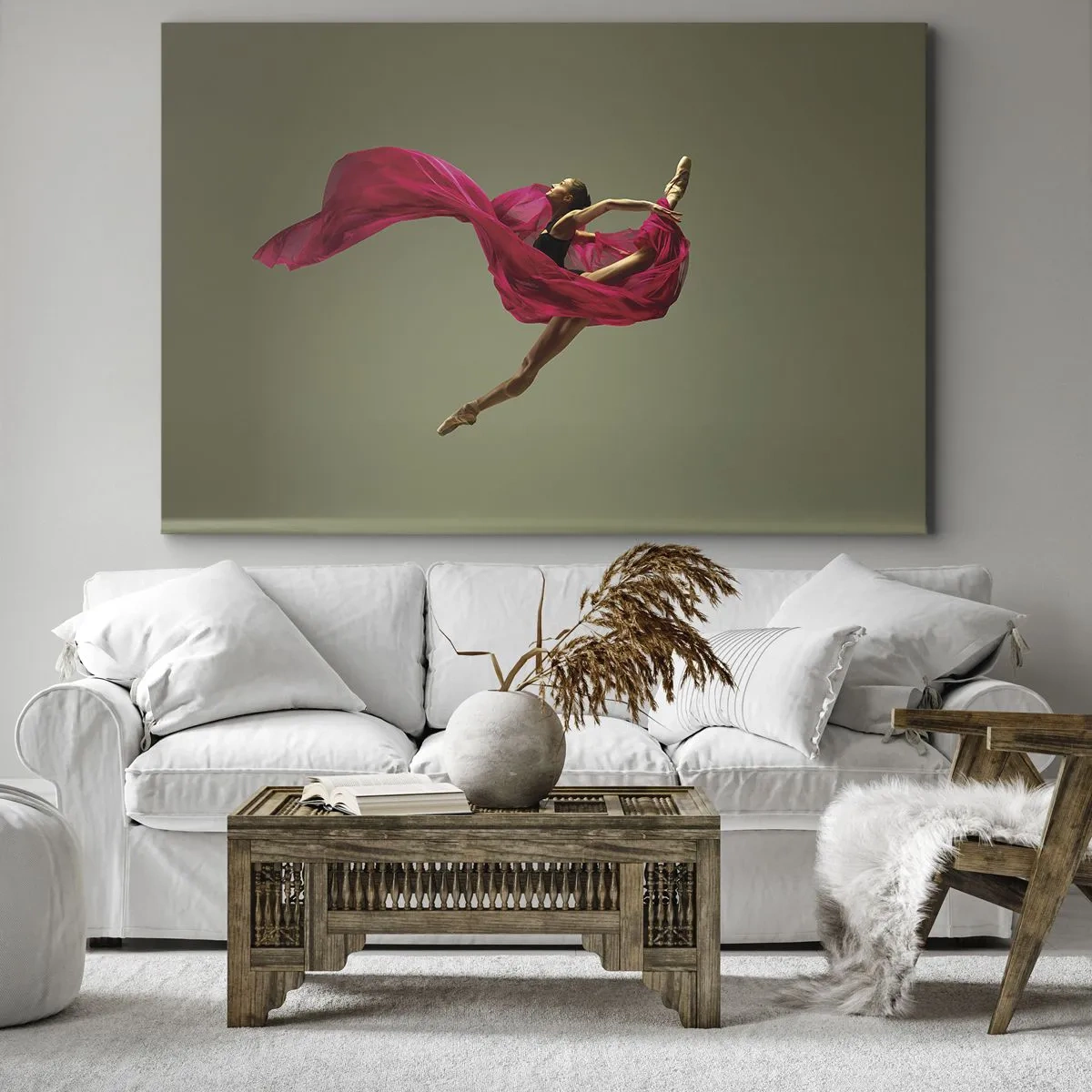Cuadro sobre lienzo - Impresión de Imagen - Bailarina de ballet en pose dinámica con tela rosa. - 70x50cm - Llama danzante - Decoración de pared moderna para salón y dormitorio ARTTOR