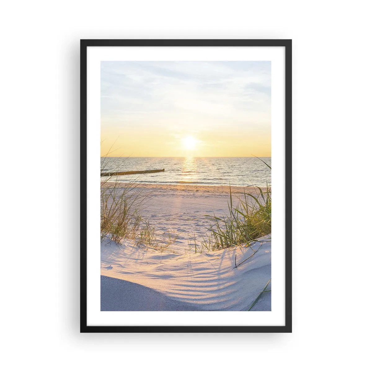 Póster en marco negro - Playa al atardecer con vistas al mar - 50x70cm - El sonido del mar, el canto de los pájaros, una playa virgen entre las dunas... - Decoración de pared moderna para salón y dormitorio ARTTOR