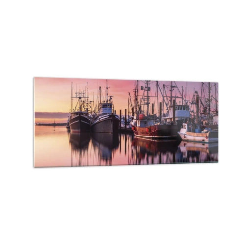 Cuadro sobre vidrio - Impresiones sobre Vidrio - Barcos de pesca en el puerto al atardecer - 120x50cm - Descanso antes de partir - Decoración de pared moderna para salón y dormitorio ARTTOR