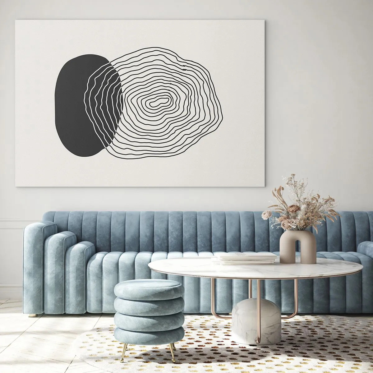 Cuadro sobre vidrio - Impresiones sobre Vidrio - Patrón abstracto con óvalos y líneas en blanco y negro. - 70x50cm - Persistencia y vibración - Decoración de pared moderna para salón y dormitorio ARTTOR
