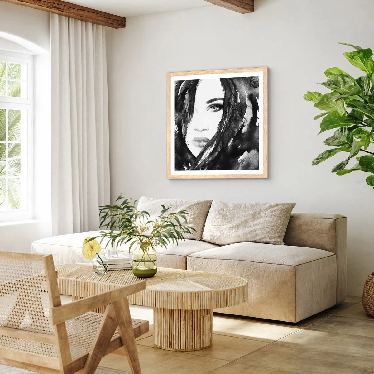 Póster en marco roble claro - Retrato de una dama en blanco y negro - 60x60 cm