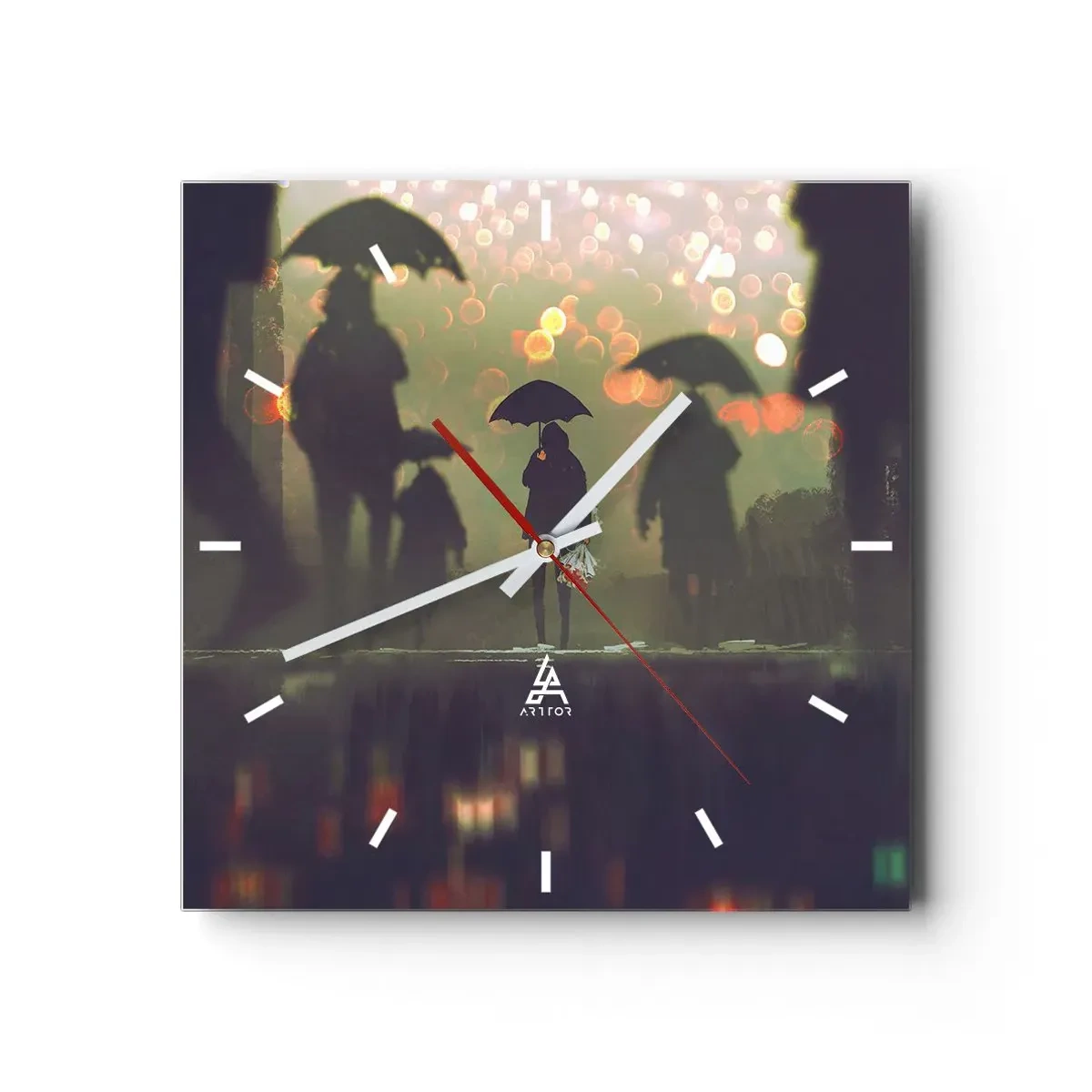 Reloj de pared - Reloj de vidrio - Una figura con un paraguas en una tarde lluviosa entre las luces de la ciudad. - 30x30cm - Desde la perspectiva de una gota de lluvia - Decoración de pared moderna para salón y dormitorio ARTTOR