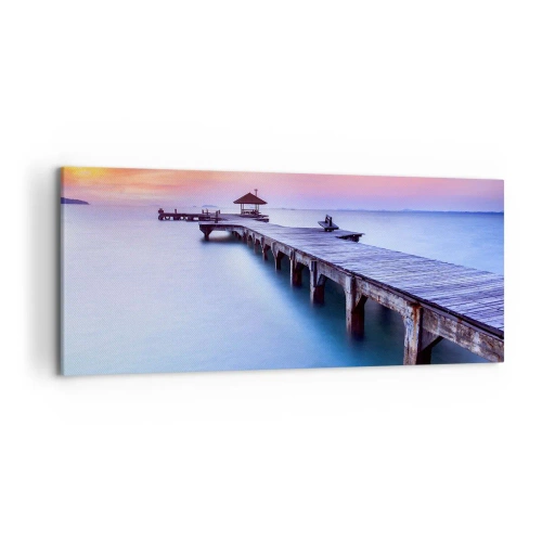 Cuadro sobre lienzo - Impresión de Imagen - Muelle de madera que conduce al agua durante la puesta de sol. - 120x50cm - Un mar de calma hasta el horizonte - Decoración de pared moderna para salón y dormitorio ARTTOR