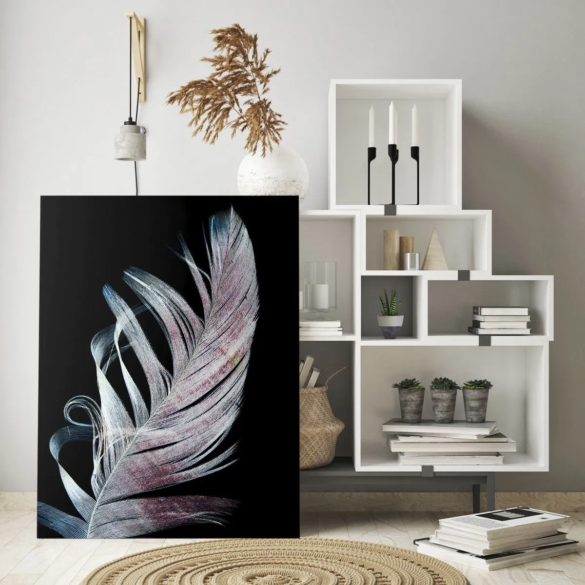Cuadro sobre vidrio - Impresiones sobre Vidrio - Una delicada pluma sobre un fondo negro en un enfoque artístico. - 50x70cm - Piensa en el tacto - Decoración de pared moderna para salón y dormitorio ARTTOR