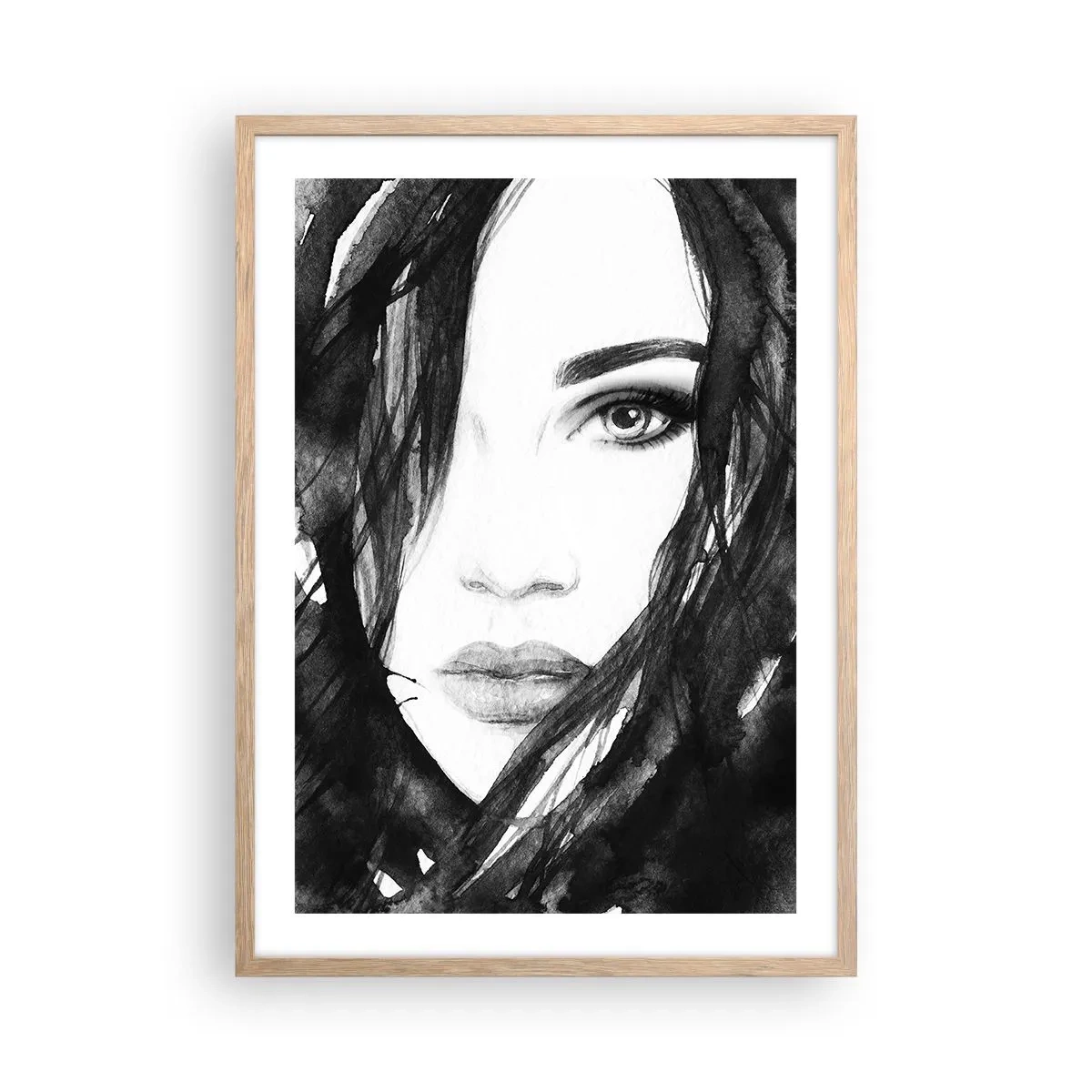 Póster en marco roble claro - Retrato de una dama en blanco y negro - 50x70 cm