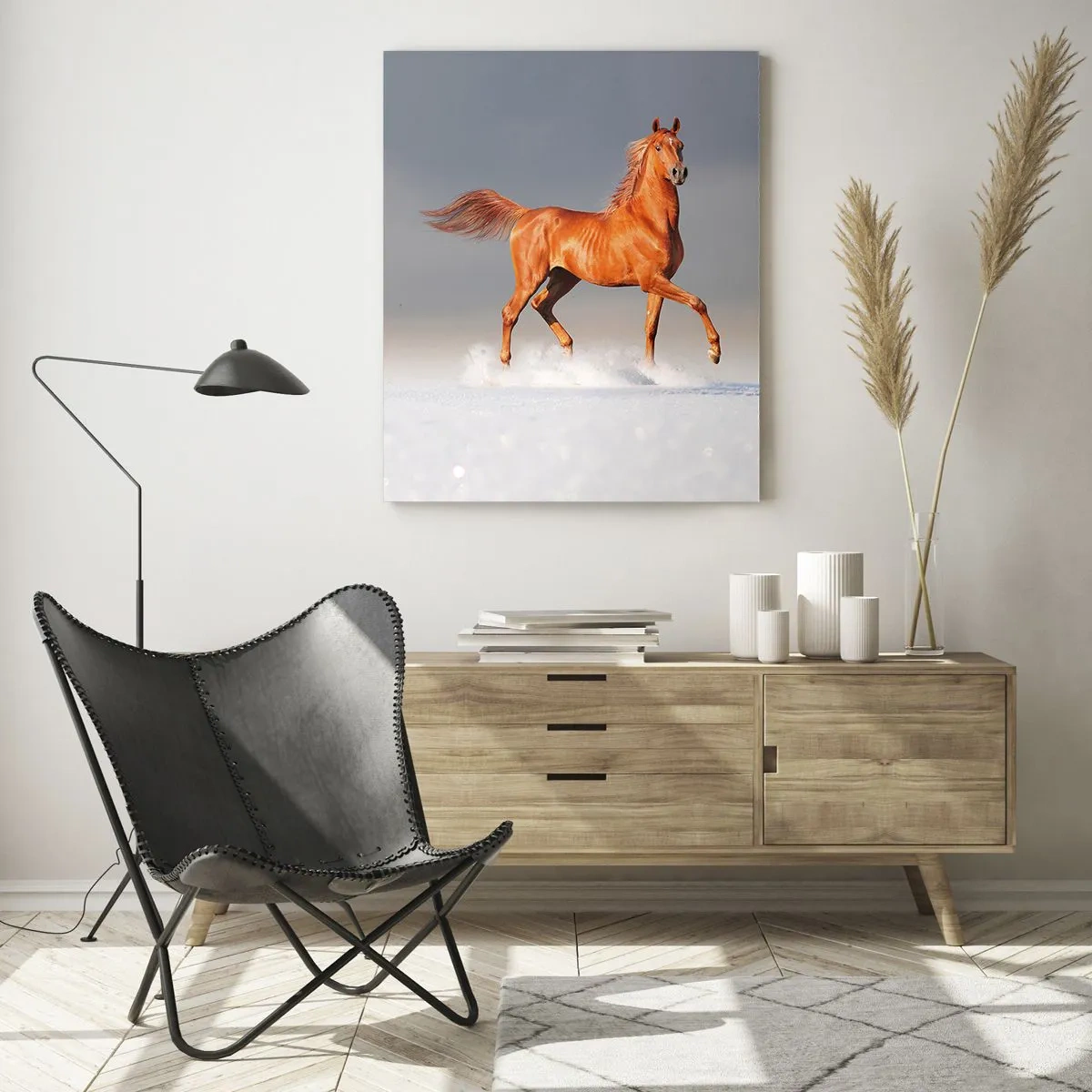 Cuadro sobre vidrio - Impresiones sobre Vidrio - Un caballo al galope contra un cielo azul. - 70x100cm - Danza al viento - Decoración de pared moderna para salón y dormitorio ARTTOR