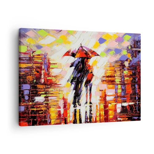 Cuadro sobre lienzo - Impresión de Imagen - Una escena abstracta de un paseo bajo un paraguas en una noche lluviosa. - 70x50cm - Juntos a través de la noche y la lluvia - Decoración de pared moderna para salón y dormitorio ARTTOR
