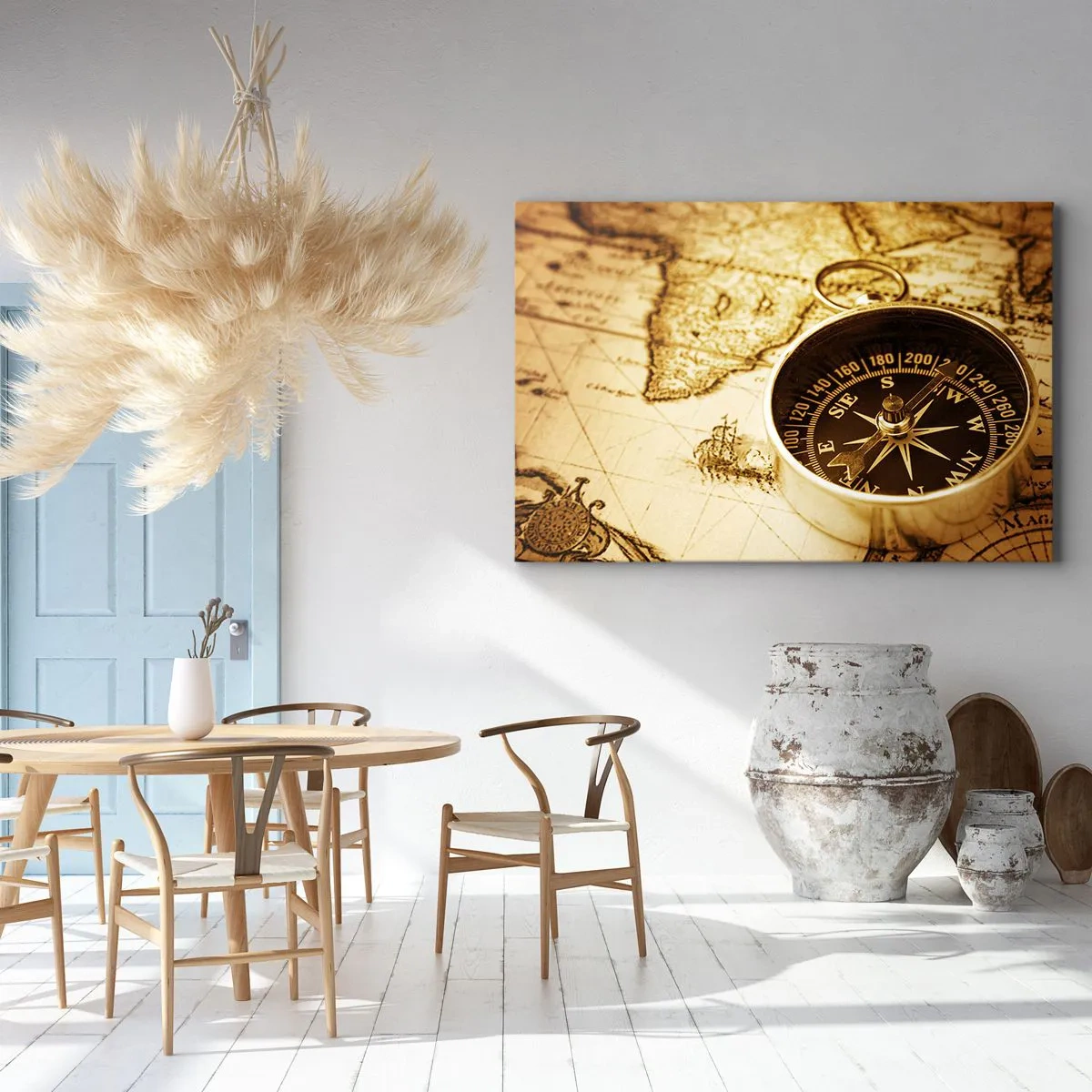 Cuadro sobre lienzo - Impresión de Imagen - Una brújula antigua sobre el fondo de un mapa del viejo mundo. - 70x50cm - ¿Este u Oeste? - Decoración de pared moderna para salón y dormitorio ARTTOR