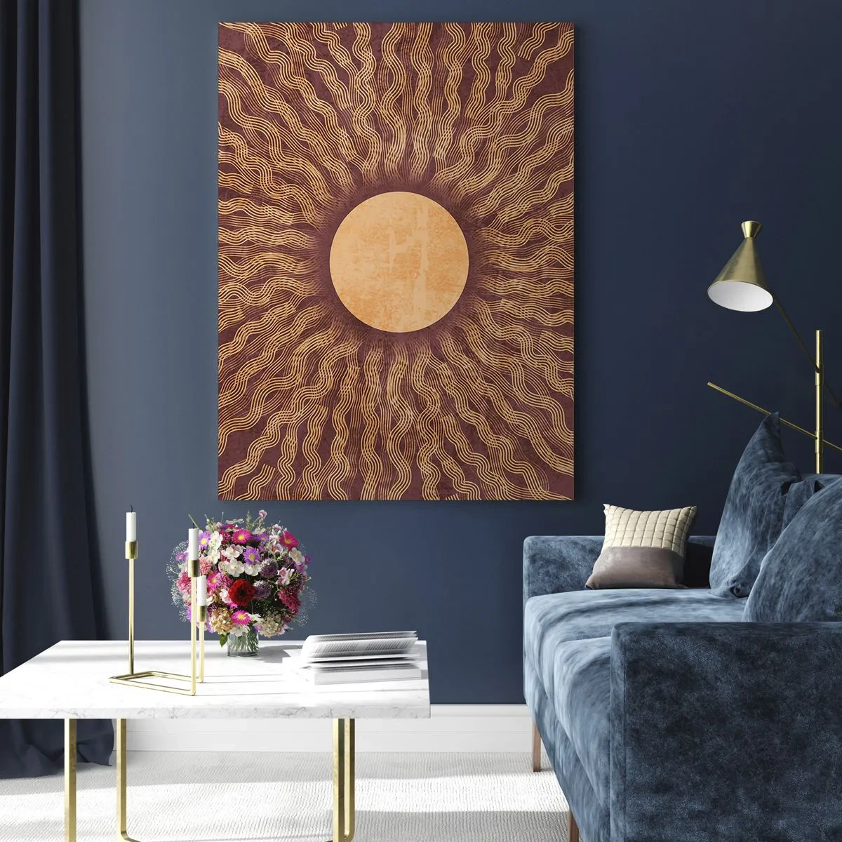 Cuadro sobre vidrio - Impresiones sobre Vidrio - Patrón soleado con rayos sobre un fondo en tonos marrones. - 70x100cm - Icono del sol - Decoración de pared moderna para salón y dormitorio ARTTOR