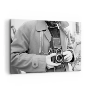 Cuadro sobre lienzo - Impresión de Imagen - Fotografía en blanco y negro de un hombre con una cámara retro. - 100x70cm - En estilo retro - Decoración de pared moderna para salón y dormitorio ARTTOR