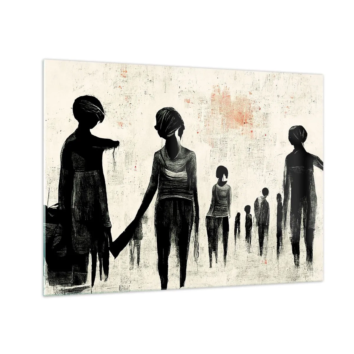 Cuadro sobre vidrio - Impresiones sobre Vidrio - Figuras negras en movimiento sobre un fondo claro con textura roja. - 70x50cm - Contra la soledad - Decoración de pared moderna para salón y dormitorio ARTTOR