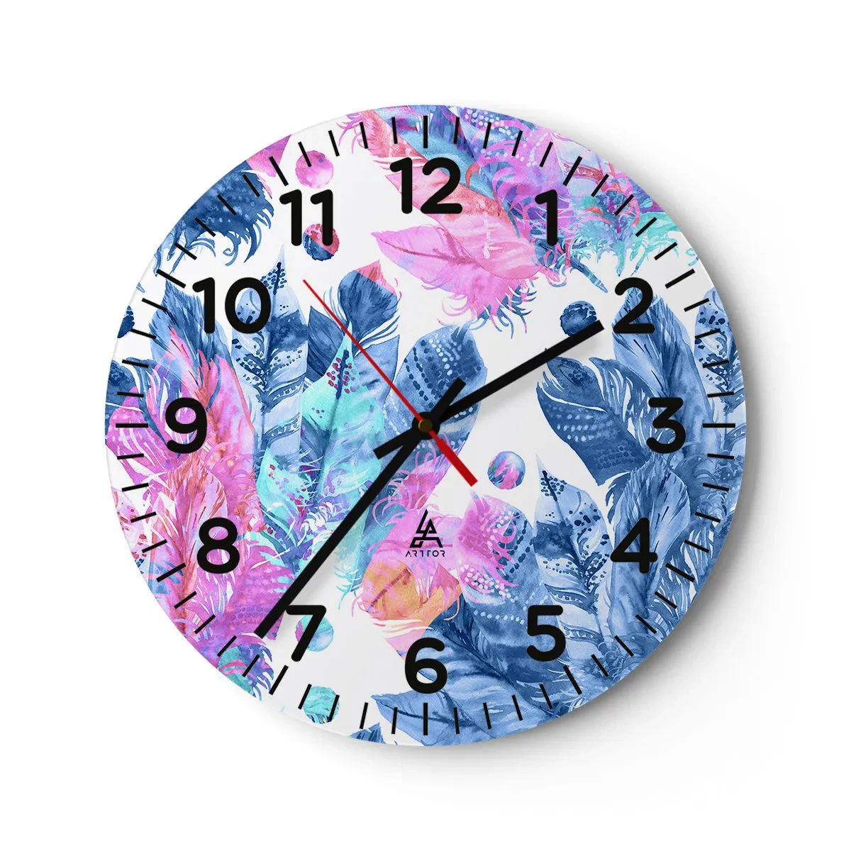 Reloj de pared - Reloj de vidrio - Plumas de color rosa y azul - 30x30 cm