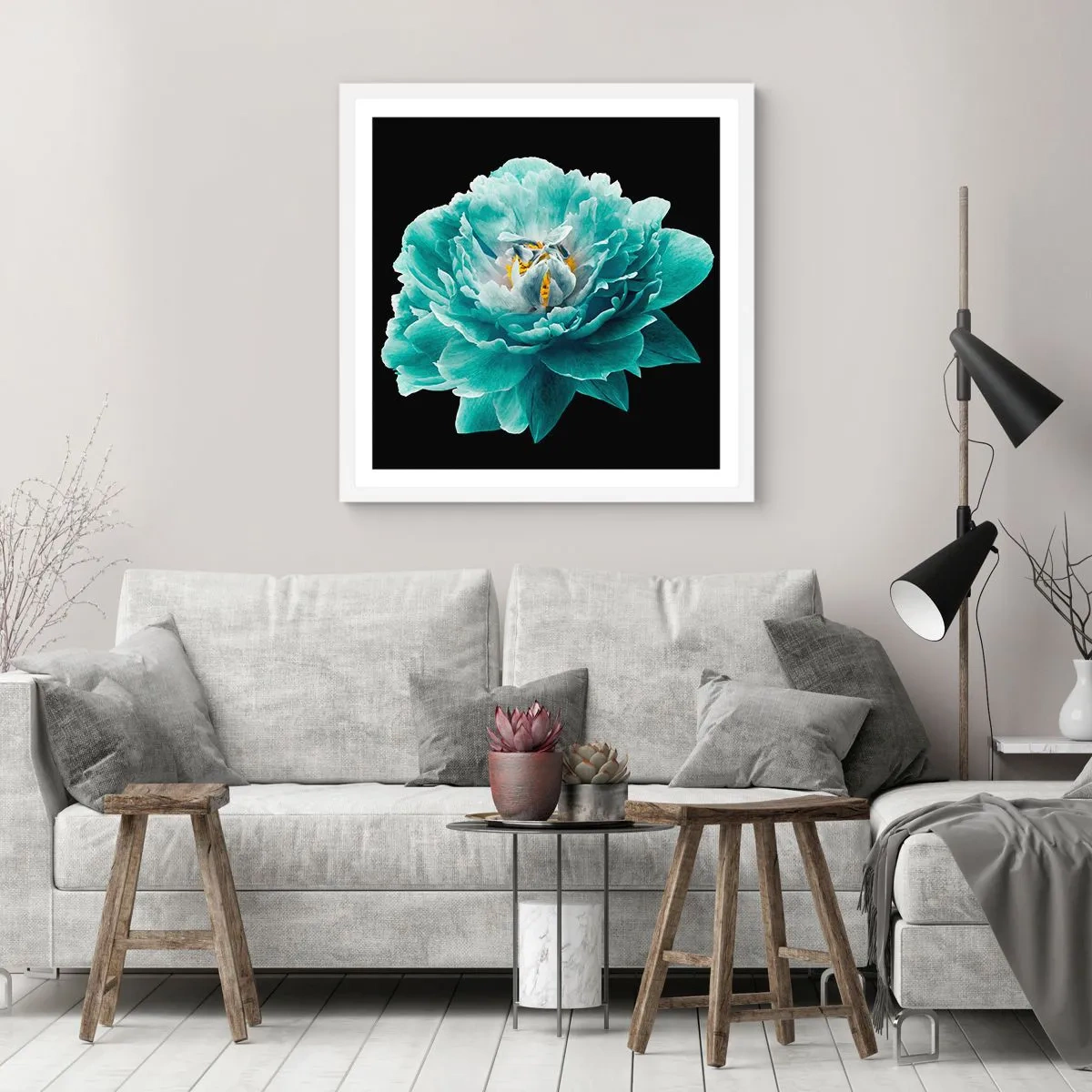 Póster en marco blanco - Pétalos azules y dorados - 30x30 cm