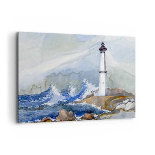 Cuadro sobre lienzo - Impresión de Imagen - Un faro en una costa rocosa con mar agitado. - 100x70cm - Contra la oscuridad y la tormenta - Decoración de pared moderna para salón y dormitorio ARTTOR