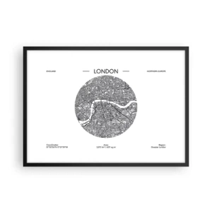 Póster en marco negro - Un mapa minimalista de Londres en blanco y negro con detalles precisos. - 70x50cm - Anatomía de Londres - Decoración de pared moderna para salón y dormitorio ARTTOR