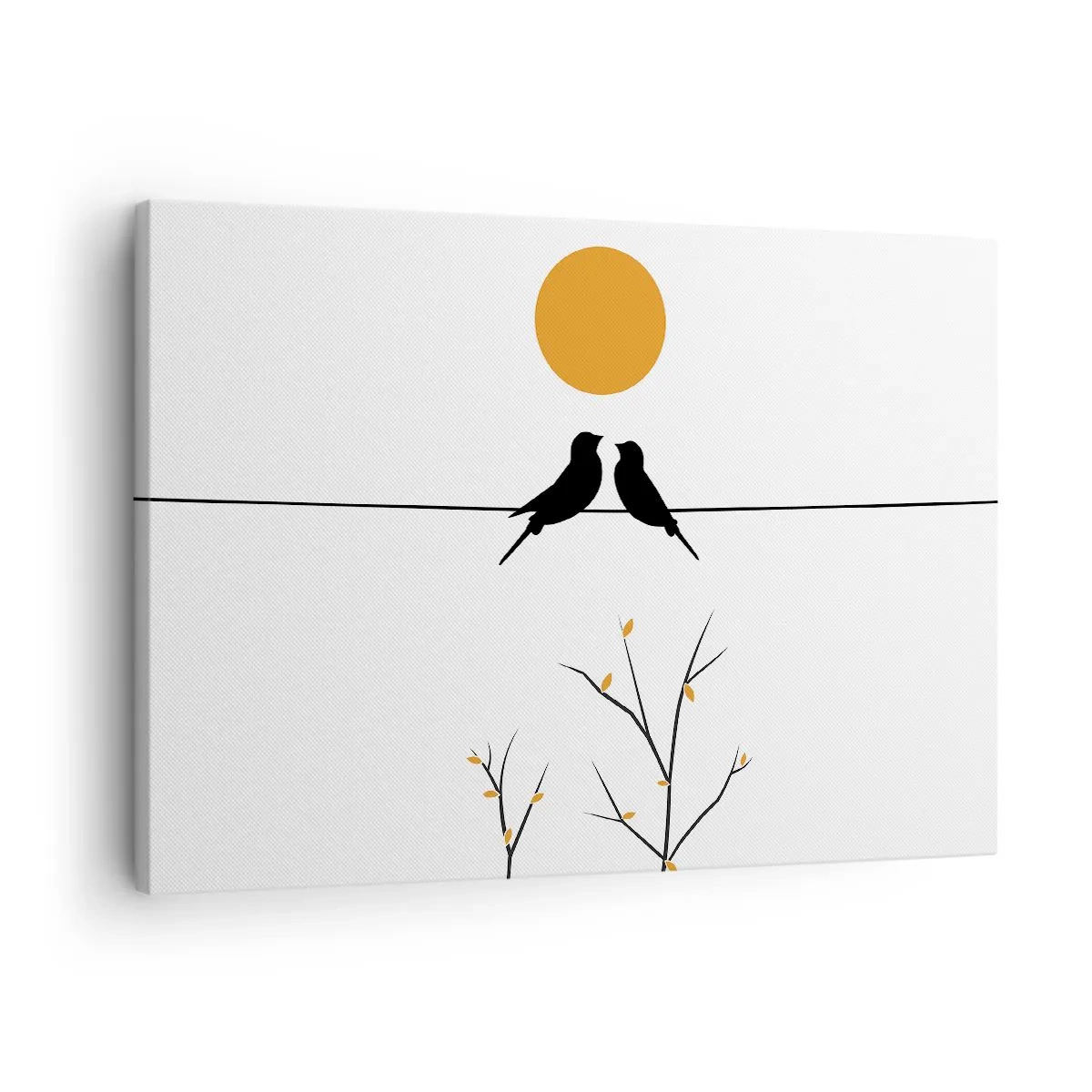 Cuadro sobre lienzo - Impresión de Imagen - Pájaros en una línea con un sol amarillo. - 70x50cm - Noche de ruiseñores - Decoración de pared moderna para salón y dormitorio ARTTOR